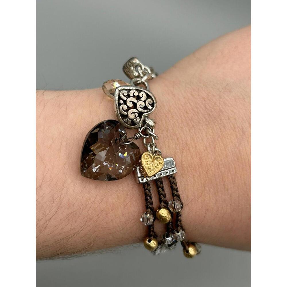 Brighton Dangle Hearts Crystal Gold Plated Beads Brown Knitted Bracelet 7.75”